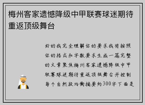 梅州客家遗憾降级中甲联赛球迷期待重返顶级舞台